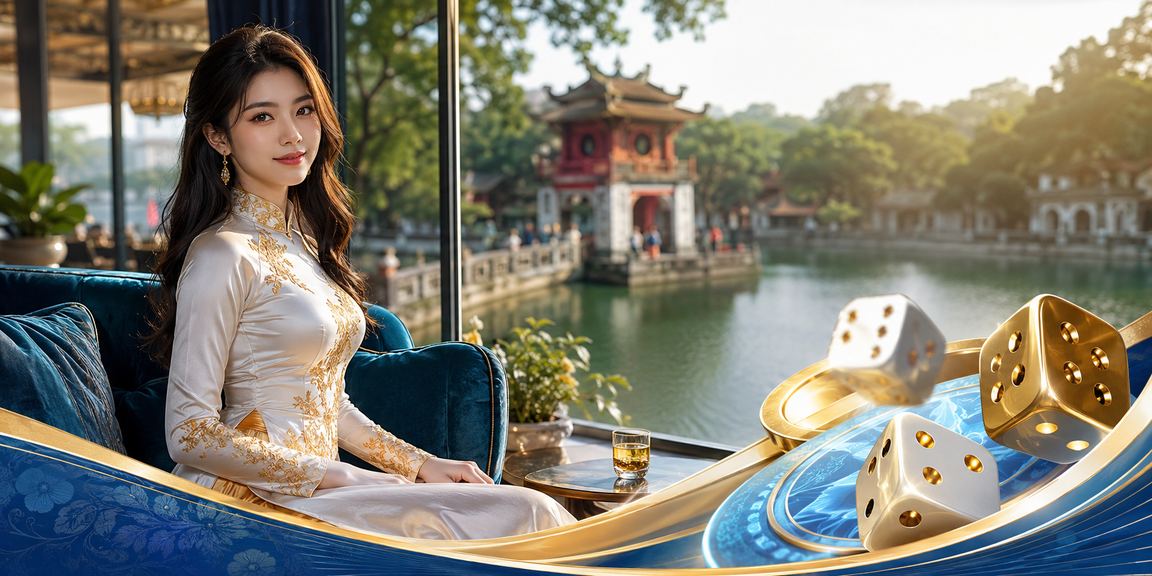 Người phụ nữ mặc áo dài Hà Nội chơi tài xỉu xúc xắc trong không gian sang trọng